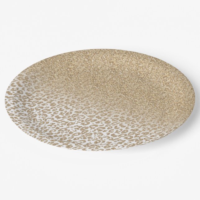 Trendy Gold Glitzer und Leopard Print Gradient Pappteller (Schrägansicht)