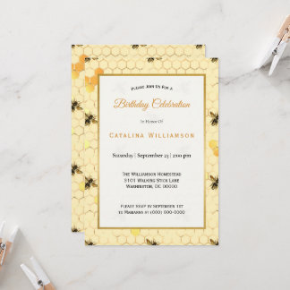 Trendy Gold Honeycomb Bee Birthday Einladung