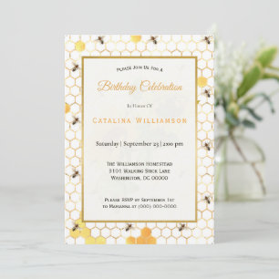 Trendy Gold Honeycomb Bienen Sonnenblumen Geburtst Einladung