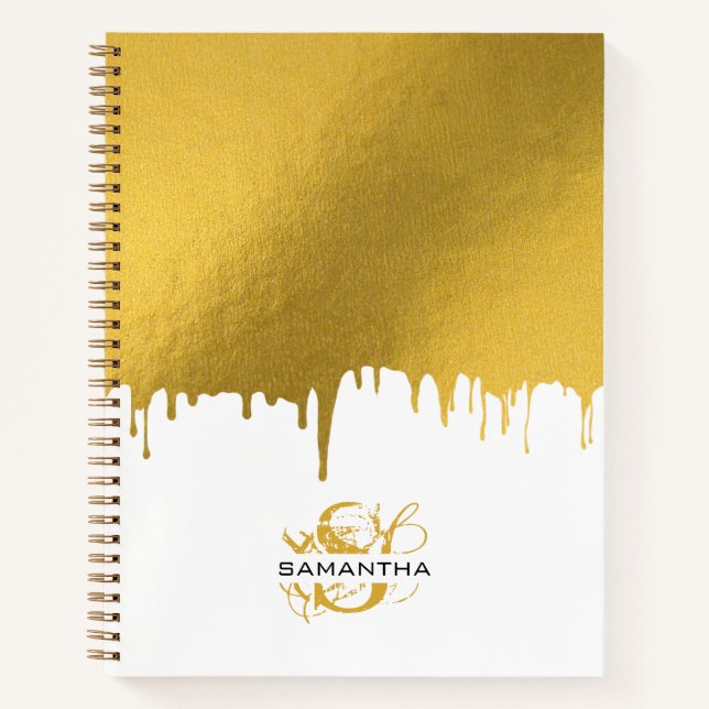 Trendy Gold Metallic Tropfens Script Monogram Notizbuch (Vorderseite)