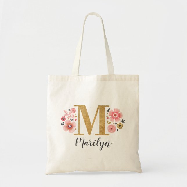 Trendy Gold Monogram Initial Floral Tragetasche (Vorne)
