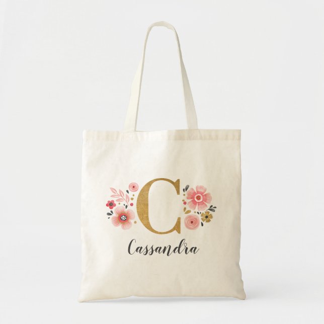 Trendy Gold Monogram Initial Letter "C" Floral Tragetasche (Vorne)