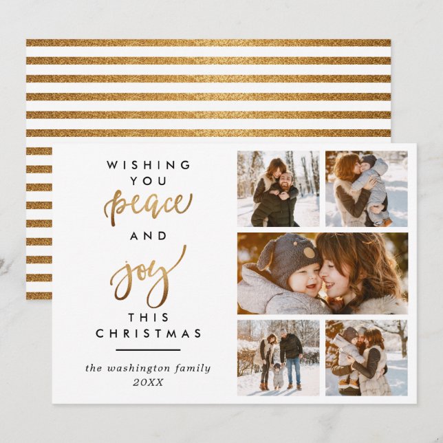 Trendy Gold Script Peace & Jockey 5 Foto Einladung (Vorne/Hinten)