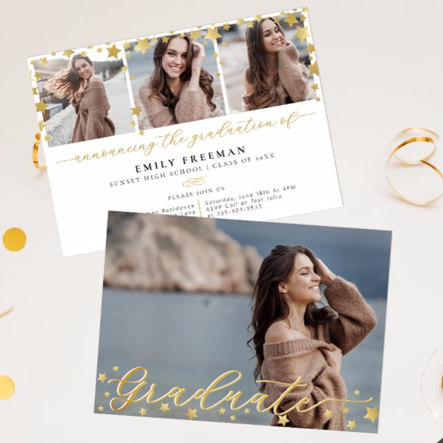 Trendy Gold Star 4-Foto Graduierungsparty Einladung (Graduation Party Invitation)