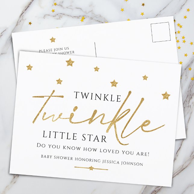 Trendy Gold Stars Twinkle Twinkle Baby Dusche Einladungspostkarte (Trendy Gold Stars Twinkle Twinkle Baby Shower Invitation Postcard)