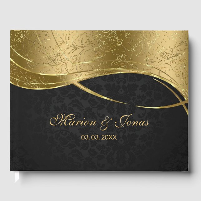 Trendy Gold und Black Damask Gästebuch (Vorderseite)
