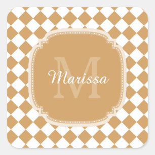 Trendy Golden Yellow Checked Mit Monogramm Name Quadratischer Aufkleber