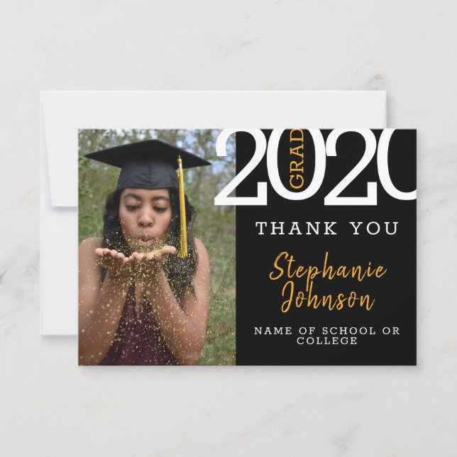 Trendy Grad Black Gold Foto Name Jahr Abschluss Dankeskarte (Vorderseite)