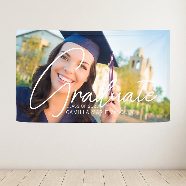 Trendy Graduate Foto White Text Graduation Party Banner (Von Creator hochgeladen)