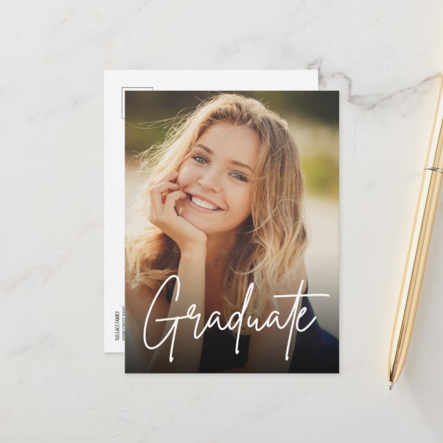 Trendy Graduate Script Custom Foto High School Ankündigungspostkarte (Vorderseite/Rückseite Beispiel)