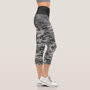 Trendy Gray Black Camouflage Capri Leggings