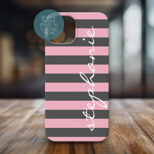 Trendy Gray Blush Pink Striping Muster Name iPhone 16 Hülle