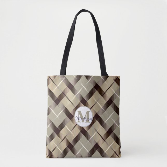 Trendy Gray Kariert Tartan Monogram Script Teacher Tasche (Vorderseite)