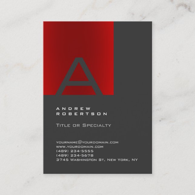 Trendy Gray Red Monogram Strip Business Card Visitenkarte (Vorderseite)