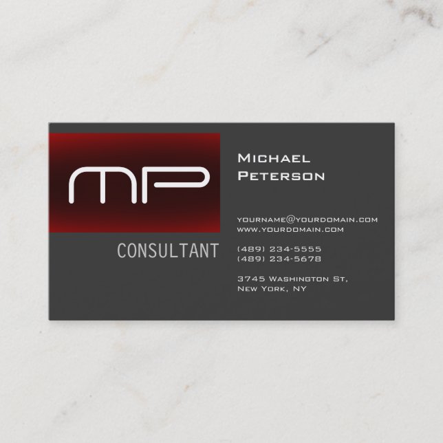 Trendy Gray Red Strip Monogram Business Card Visitenkarte (Vorderseite)