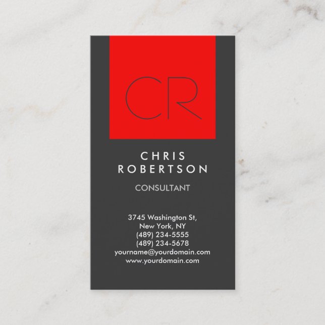 Trendy Gray Red Strip Monogram Business Card Visitenkarte (Vorderseite)