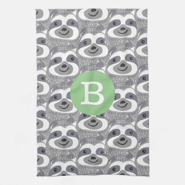 Trendy Gray Sloth Doodles | Monogramm Geschirrtuch (Vertikal)