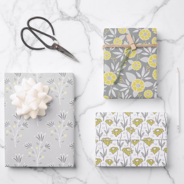 Trendy Gray und Yellow Florals Geschenkpapier Set (Vorderseite)