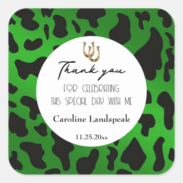 Trendy Green Black Cow Spots Vielen Dank Quadratischer Aufkleber (Vorderseite)