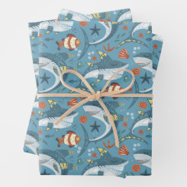 Trendy Green Blue Shark Party Guest Gift Geschenkpapier Set