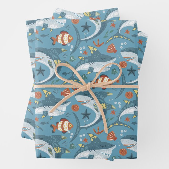 Trendy Green Blue Shark Party Guest Gift Geschenkpapier Set (Beispiel)
