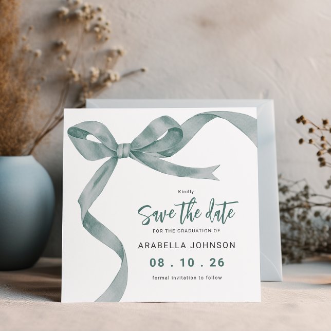 Trendy Green Bow Graduation Save The Date (Von Creator hochgeladen)