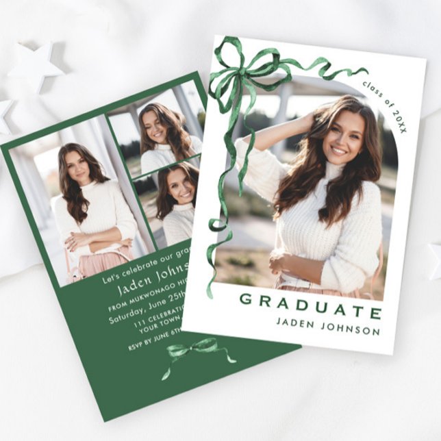 Trendy Green Bow Ribbon 4 FOTO Graduation Party Einladung (Von Creator hochgeladen)