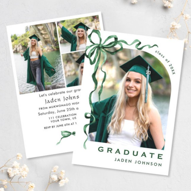 Trendy Green Bow Ribbon 4 FOTO Graduation Party Einladung (Von Creator hochgeladen)