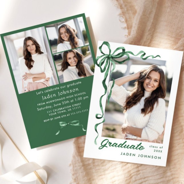 Trendy Green Bow Ribbon 4 FOTO Graduation Party Einladung (Von Creator hochgeladen)