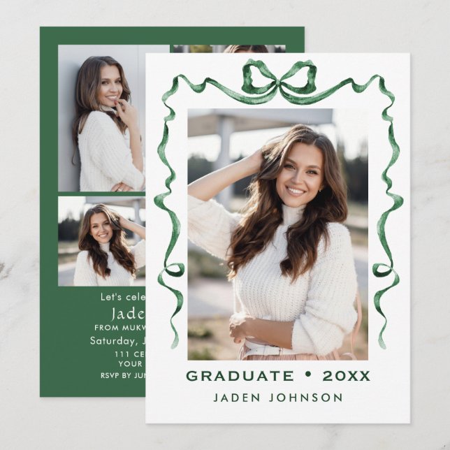 Trendy Green Bow Ribbon 5 FOTO Graduation Party Einladung (Vorne/Hinten)