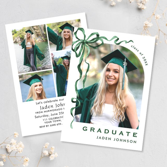 Trendy Green Bow Ribbon 5 FOTO Graduation Party Einladung (Von Creator hochgeladen)