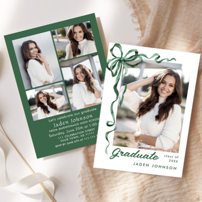 Trendy Green Bow Ribbon 5 FOTO Graduation Party Einladung (Von Creator hochgeladen)