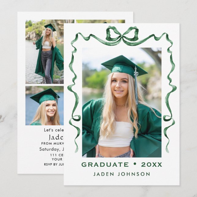 Trendy Green Bow Ribbon 5 FOTO Graduation Party I Einladung (Vorne/Hinten)