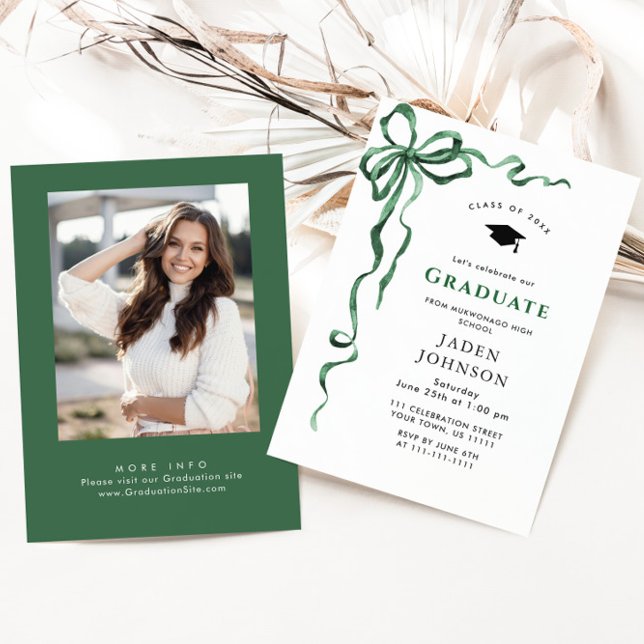 Trendy Green Bow Ribbon FOTO Graduation Party Einladung (Von Creator hochgeladen)
