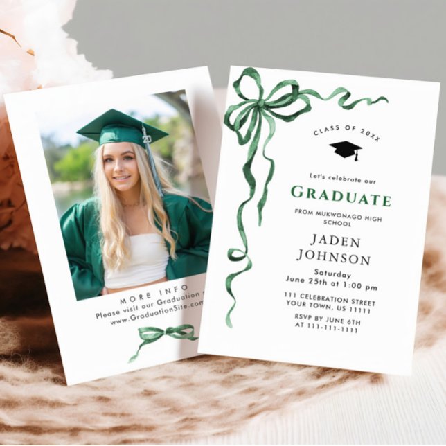 Trendy Green Bow Ribbon FOTO Graduation Party Einladung (Von Creator hochgeladen)