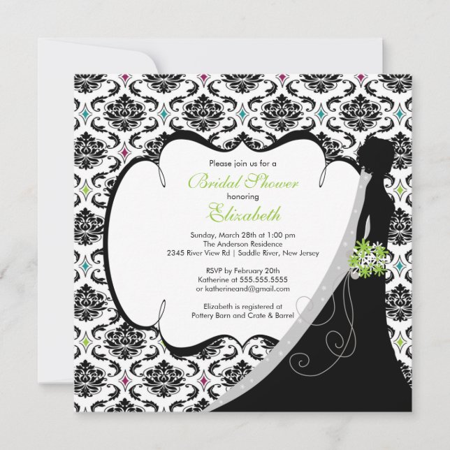 Trendy Green Damask Bridge Brautparty Einladung (Vorderseite)