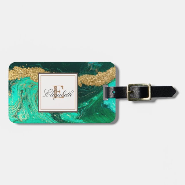 Trendy Green Gold Stone Marmortextur, Monogramm Gepäckanhänger (Vorderseite horizontal)