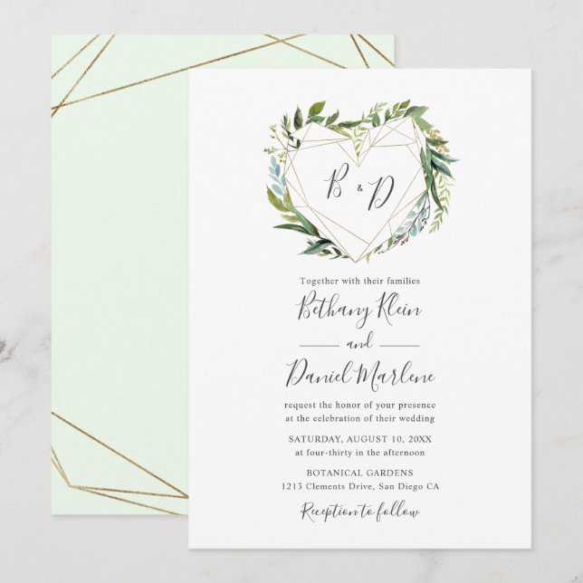 Trendy Greenery mit geometrischer Herzenshochzeit Einladung (Vorne/Hinten)