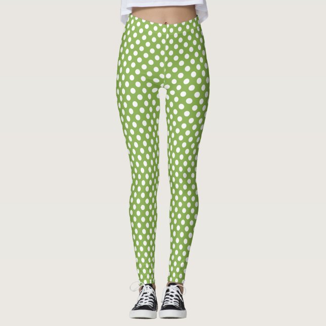 Trendy Greenery und White Polka Punkte Muster Leggings (Vorderseite)