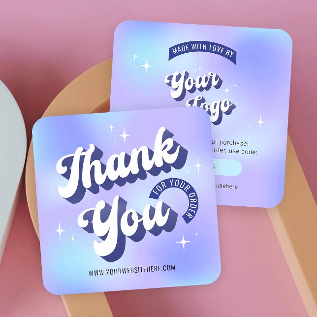 Trendy Groovy Holographic Business Danky Card Mitteilungskarte (Retro style thank you for order cards with groovy fonts in blue and purple)