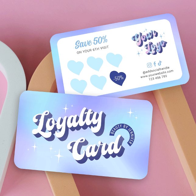 Trendy Groovy Retro Holographic Nails Makeup Salon Treuekarte (Embrace the retro vibes with this groovy style loyalty card design in blue and purple)