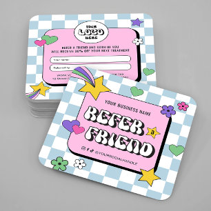 Trendy Groovy Retro Logo Blue Pink Refer A Friend Empfehlungskarte