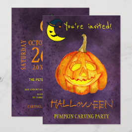 Trendy Halloween Wasserfarbe Kürbisschnitzerei Par Einladung