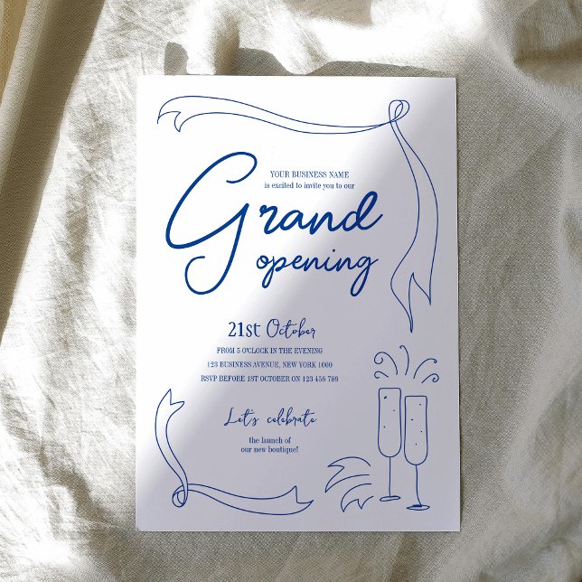 Trendy Hand Drawn Blue Business Logo Grand Opening Einladung (Embrace the whimsical rustic style with this hand drawn company grand opening invitation)