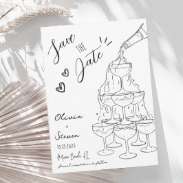 Trendy Hand Drawn Champagner Tower Save the Date Einladung