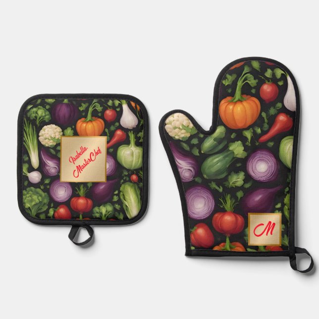 Trendy Happy Gemüse gesunde Lebensmittel Sammlung Ofenhandschuh & Topflappen-Set (Vorderseite)