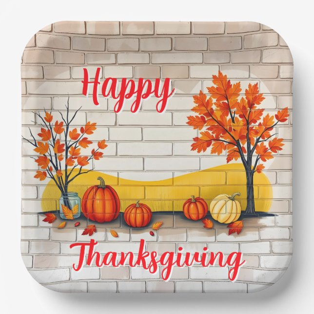Trendy Happy Thanksgiving Schöner Fall Pappteller (Vorderseite)