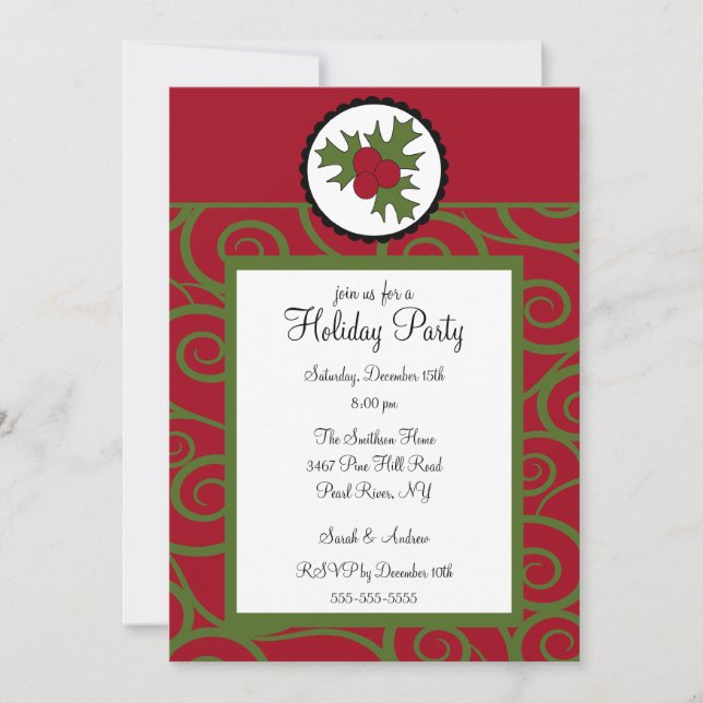 Trendy Holly Swirl  Holiday Party Invitation Einladung (Vorderseite)