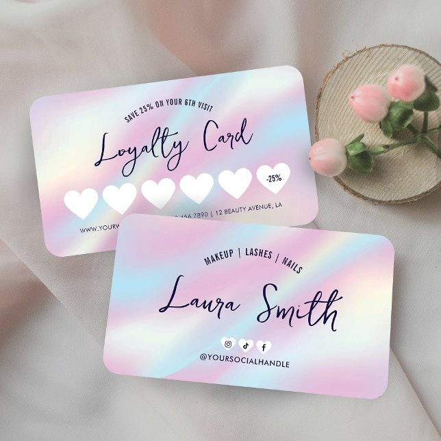 Trendy Holographic Hairstylist Nails Beauty Salon Treuekarte (Modern loyalty cards with holographic background and modern fonts)