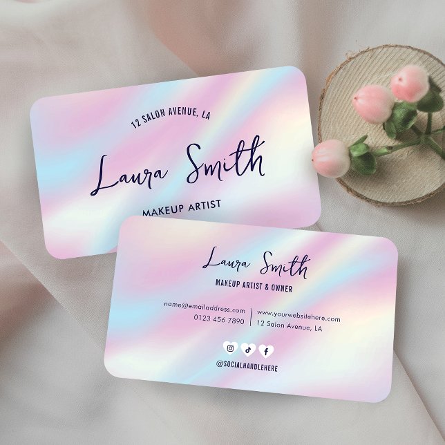Trendy Holographic Hairstylist Nails Beauty Salon Visitenkarte (Girly holographic effect business card design with trendy script font and modern layout)